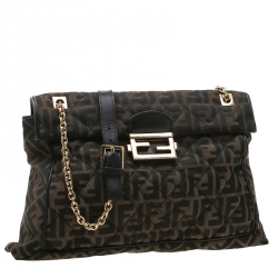 Pre Owned Fendi Tobacco Zucca Canvas Maxi Baguette Flap Shoulder Bag
