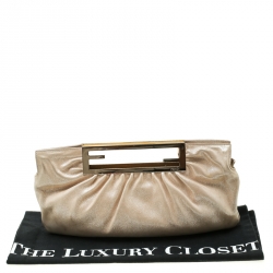 Pre Owned Fendi Beige Metallic Leather Cutout Handle Clutch