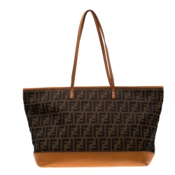 Pre Owned Fendi Brown/Orange Zucca Canvas And Leather Roll Tote