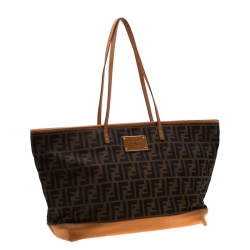Pre Owned Fendi Brown/Orange Zucca Canvas And Leather Roll Tote