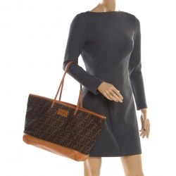 Pre Owned Fendi Brown/Orange Zucca Canvas And Leather Roll Tote