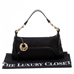 Pre Owned Fendi Black Zucchino Canvas and Leather Front Pocket Shoulder Bag
