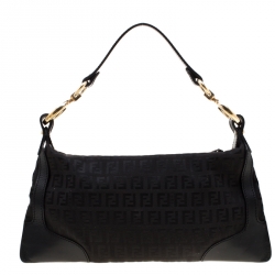 Pre Owned Fendi Black Zucchino Canvas and Leather Front Pocket Shoulder Bag