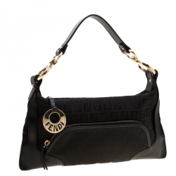 Pre Owned Fendi Black Zucchino Canvas and Leather Front Pocket Shoulder Bag