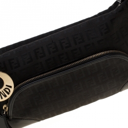 Pre Owned Fendi Black Zucchino Canvas and Leather Front Pocket Shoulder Bag