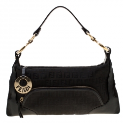 Pre Owned Fendi Black Zucchino Canvas and Leather Front Pocket Shoulder Bag