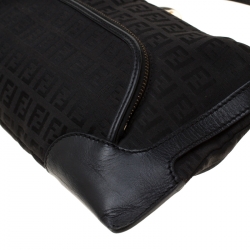 Pre Owned Fendi Black Zucchino Canvas and Leather Front Pocket Shoulder Bag