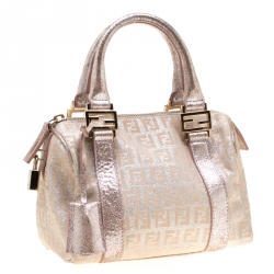 Pre Owned Fendi Metallic Zucchino Canvas and Leather Mini Boston Bag