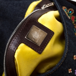 Pre Owned Fendi Blue Floral Beaded Denim Baguette Shoulder Bag