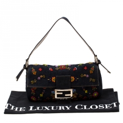 Pre Owned Fendi Blue Floral Beaded Denim Baguette Shoulder Bag