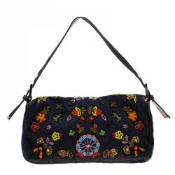 Pre Owned Fendi Blue Floral Beaded Denim Baguette Shoulder Bag