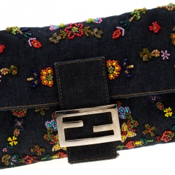 Pre Owned Fendi Blue Floral Beaded Denim Baguette Shoulder Bag