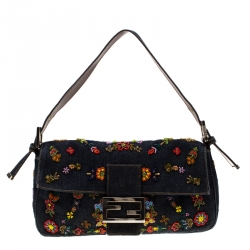 Pre Owned Fendi Blue Floral Beaded Denim Baguette Shoulder Bag