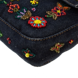 Pre Owned Fendi Blue Floral Beaded Denim Baguette Shoulder Bag