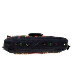 Pre Owned Fendi Blue Floral Beaded Denim Baguette Shoulder Bag