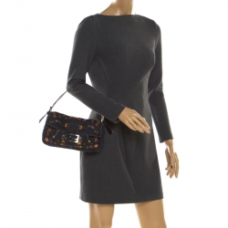 Pre Owned Fendi Blue Floral Beaded Denim Baguette Shoulder Bag