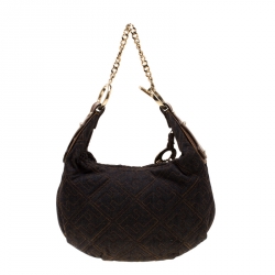 Pre Owned Fendi Navy Blue/Brown Zucca Denim Chef Chain Hobo 