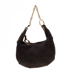 Pre Owned Fendi Navy Blue/Brown Zucca Denim Chef Chain Hobo 