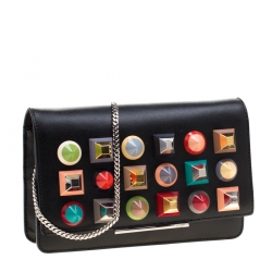 Pre Owned Fendi Black Leather Studded Wallet On Chain