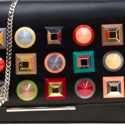 Pre Owned Fendi Black Leather Studded Wallet On Chain