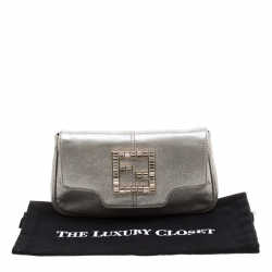 Pre Owned Fendi Silver Metallic Crystal Logo Leather Flap Clutch