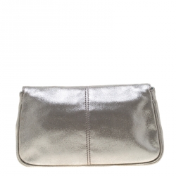 Pre Owned Fendi Silver Metallic Crystal Logo Leather Flap Clutch