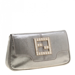 Pre Owned Fendi Silver Metallic Crystal Logo Leather Flap Clutch