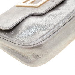 Pre Owned Fendi Silver Metallic Crystal Logo Leather Flap Clutch