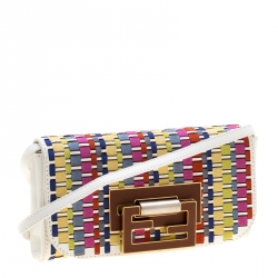 Pre Owned Fendi Multicolor Woven Fabric and Leather Small Fan Di Shoulder Bag