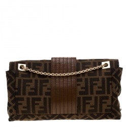 Fendi Brown Zucca Canvas and Leather Baguette Chain Shoulder Bag