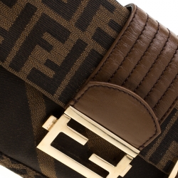 Fendi Brown Zucca Canvas and Leather Baguette Chain Shoulder Bag