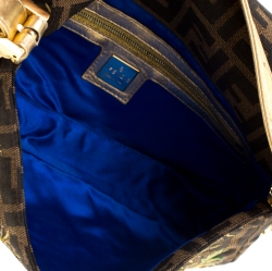 Pre Owned Fendi Brown/Gold Metallic Zucca Palm Trees Embroidered Canvas and Leather Baguette Shoulder Bag