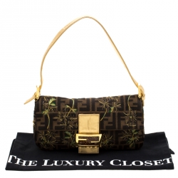 Pre Owned Fendi Brown/Gold Metallic Zucca Palm Trees Embroidered Canvas and Leather Baguette Shoulder Bag