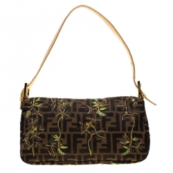 Pre Owned Fendi Brown/Gold Metallic Zucca Palm Trees Embroidered Canvas and Leather Baguette Shoulder Bag