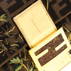 Pre Owned Fendi Brown/Gold Metallic Zucca Palm Trees Embroidered Canvas and Leather Baguette Shoulder Bag