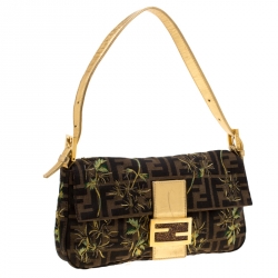 Pre Owned Fendi Brown/Gold Metallic Zucca Palm Trees Embroidered Canvas and Leather Baguette Shoulder Bag