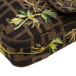 Pre Owned Fendi Brown/Gold Metallic Zucca Palm Trees Embroidered Canvas and Leather Baguette Shoulder Bag