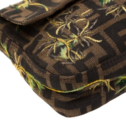 Pre Owned Fendi Brown/Gold Metallic Zucca Palm Trees Embroidered Canvas and Leather Baguette Shoulder Bag
