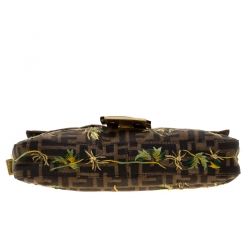 Pre Owned Fendi Brown/Gold Metallic Zucca Palm Trees Embroidered Canvas and Leather Baguette Shoulder Bag