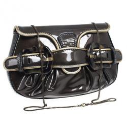 Pre Owned Fendi Dark Green Patent Leather Mini B Bis Evening Clutch