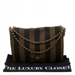 Pre Owned Fendi Brown Pequin Canvas Claudia Shoulder Bag