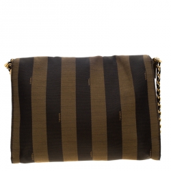 Pre Owned Fendi Brown Pequin Canvas Claudia Shoulder Bag