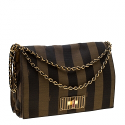 Pre Owned Fendi Brown Pequin Canvas Claudia Shoulder Bag