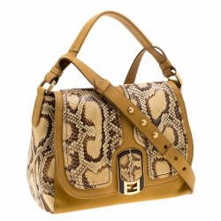 Pre Owned Fendi Beige/Mustard Python and Leather Anna Shoulder Bag