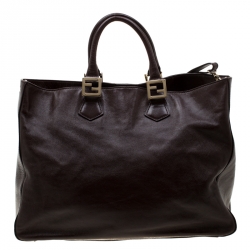 Pre Owned Fendi Dark Brown Leather Twins Shopper Tote
