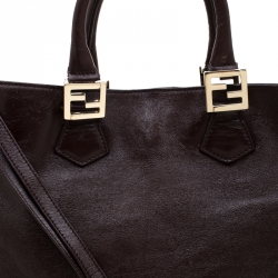 Pre Owned Fendi Dark Brown Leather Twins Shopper Tote