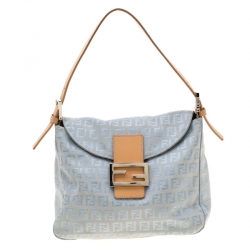 Fendi Sky Blue Zucchino Canvas And Leather Mama Baguette Shoulder Bag