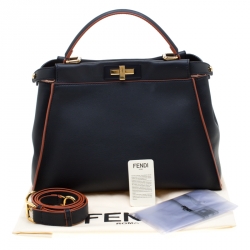 Pre Owned Fendi Navy Blue Leather Medium Peekaboo Top Handle Bag
