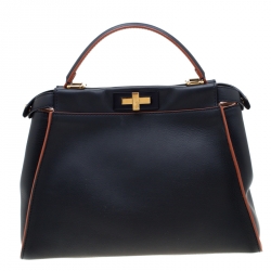 Pre Owned Fendi Navy Blue Leather Medium Peekaboo Top Handle Bag