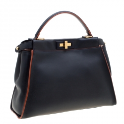 Pre Owned Fendi Navy Blue Leather Medium Peekaboo Top Handle Bag